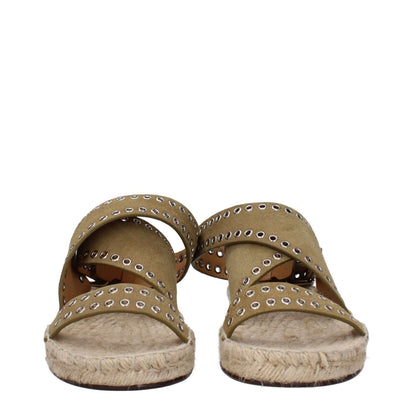 Isabel Marant Green Leather Sandals with studs, open toe, buckle closure, and leather sole. Stylish low heel sandals, color: Green and Turtledove.