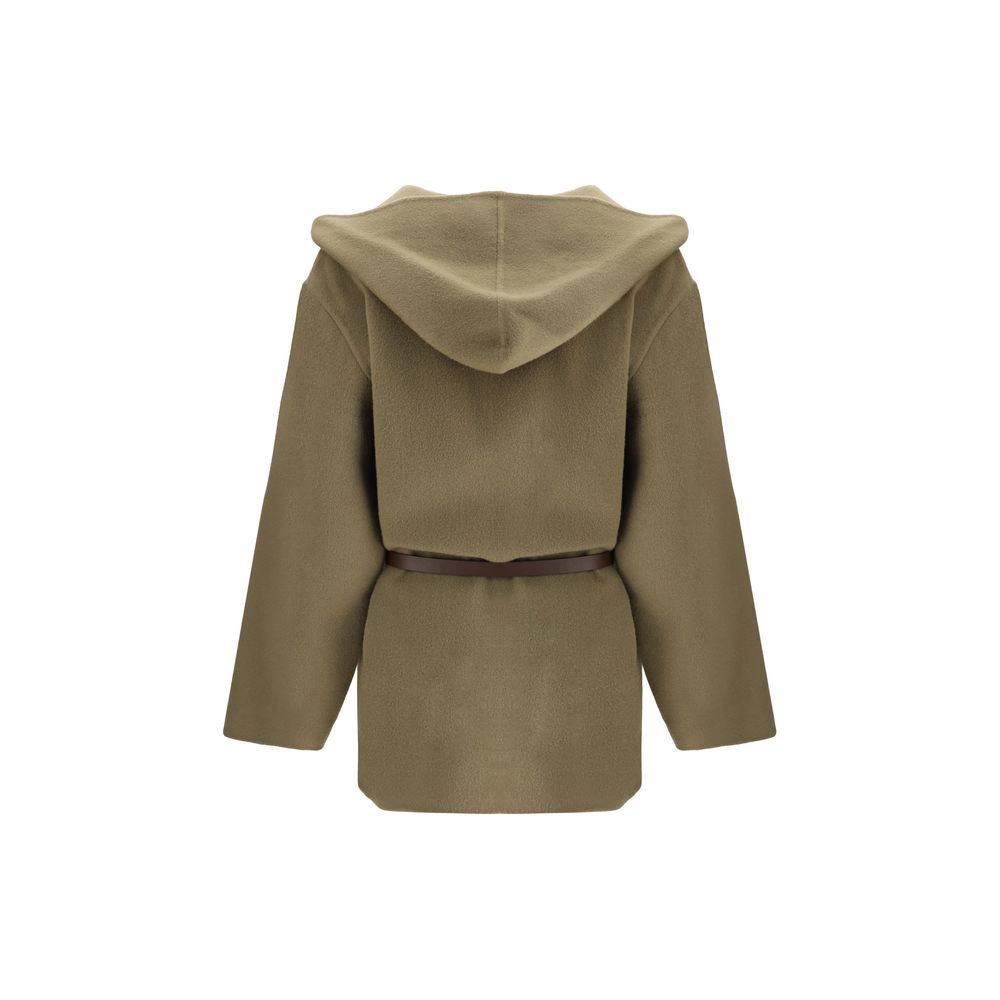 Jacob Cohen Brown Fleece Wool Coat with hood and belted waist, showing back view, elegant design with patch pockets, AW25 collection.