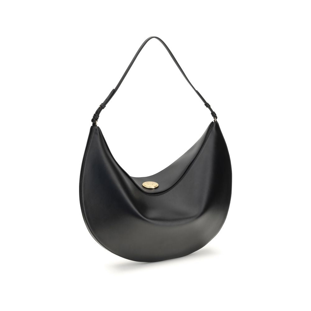 Jacquemus Black Calf Leather Bos Taurus Shoulder Bag with engraved snap button on hobo silhouette.