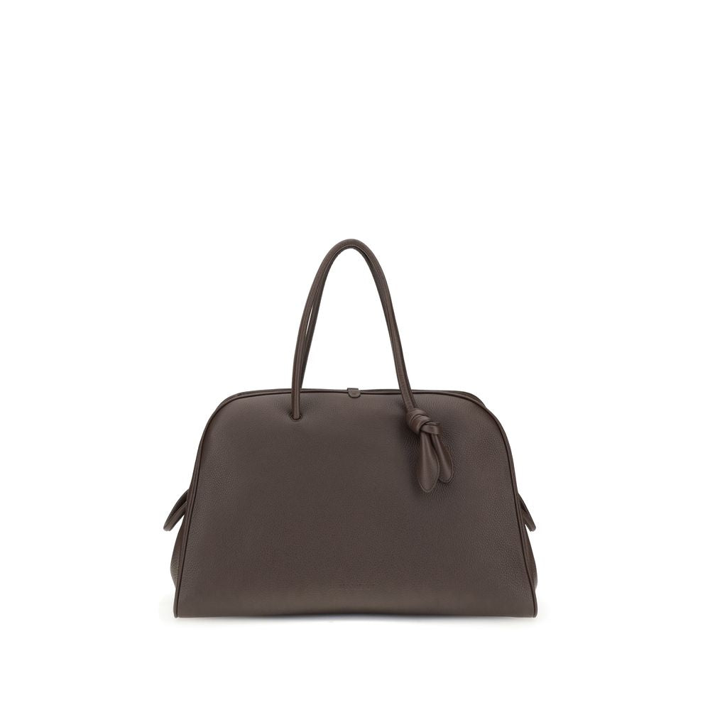 Jacquemus Brown Calf Leather Bos Taurus Handbag with bow detail, structured design, and pockets, perfect for travel.