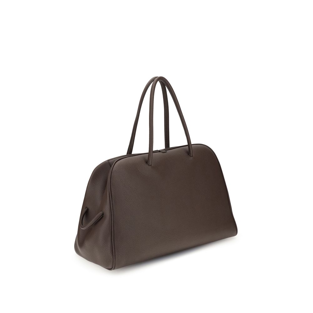 Jacquemus Brown Calf Leather Bos Taurus Handbag, elegant grained leather travel bag with bow detail, structured design with zipper closure.