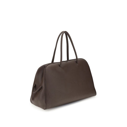 Jacquemus Brown Calf Leather Bos Taurus Handbag, elegant grained leather travel bag with bow detail, structured design with zipper closure.