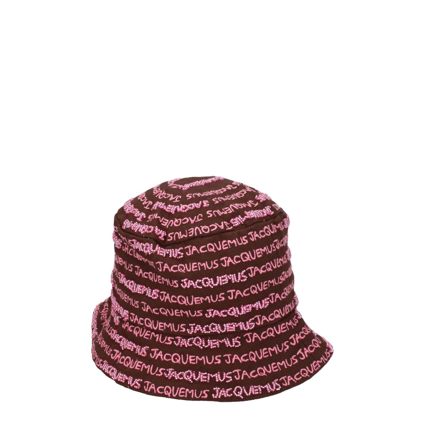 Jacquemus Brown Cotton Bucket Hat with pink beaded logo, casual style, 100% cotton.