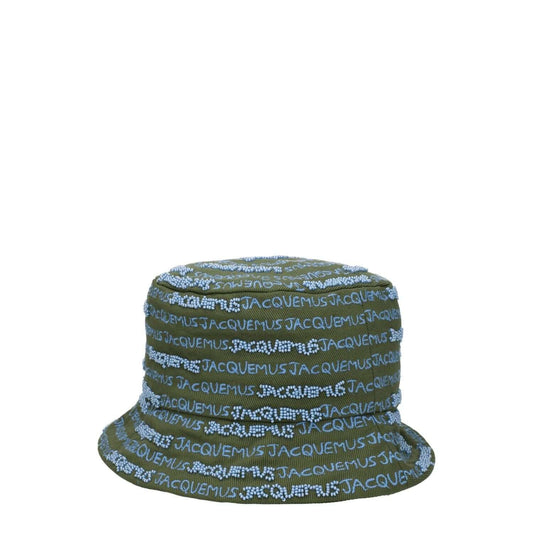 Jacquemus Green Cotton Bucket Hat with logo and beaded embellishments, casual style, green and khaki.