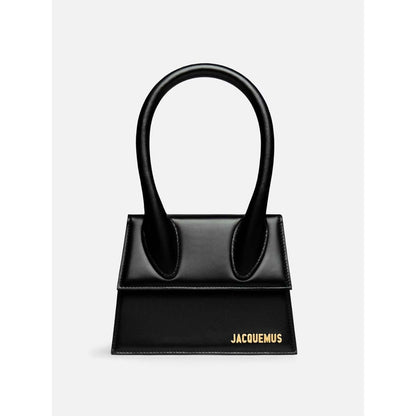 Jacquemus Le Chiquito Moyen Black Bag with gold hardware, reinforced handle, and logo, 18x13.5 cm, Italian craftsmanship.