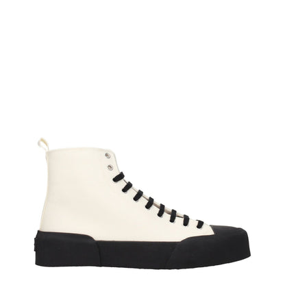 Jil Sander Beige Fabric High Tops with black sole and lace-up closure, round toe and mid heels, stylish sporty glam sneakers.