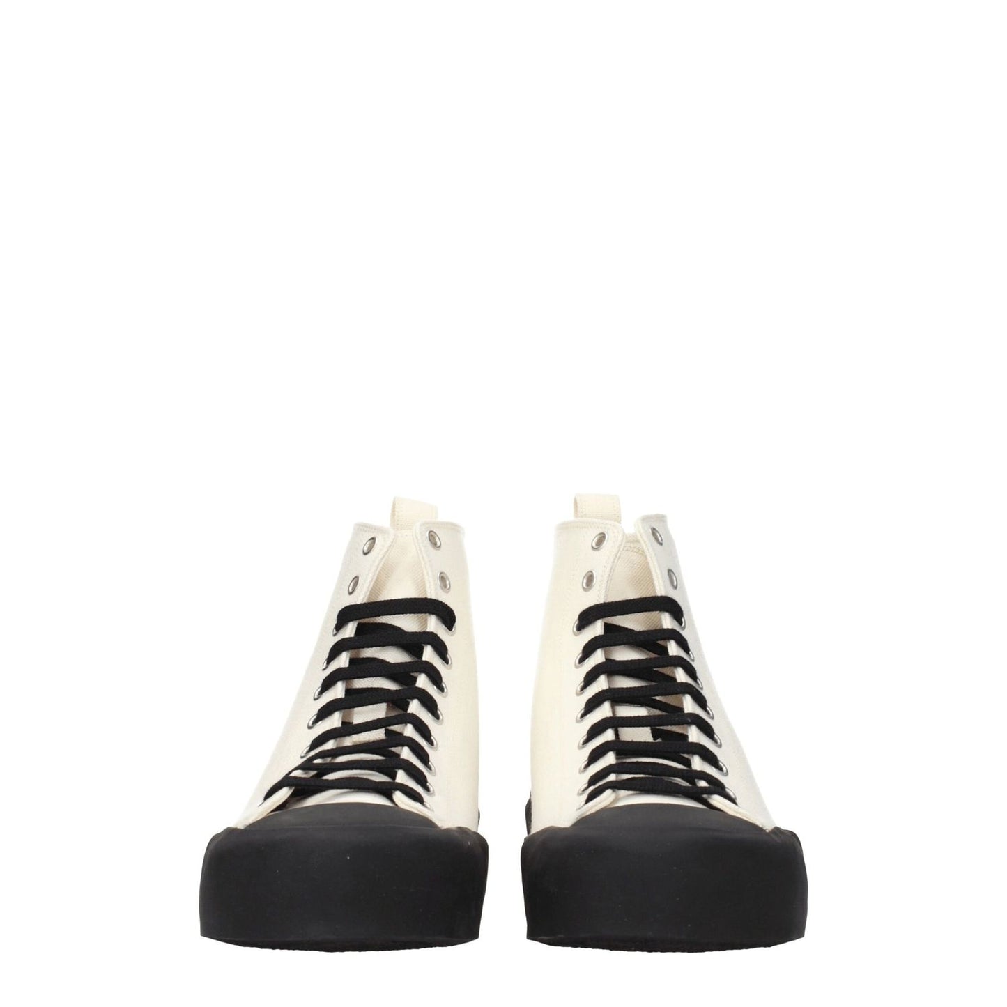 Jil Sander Beige Fabric High Tops with black details, lace-up closure, and rubber sole. Sporty glam style sneakers for a trendy look.