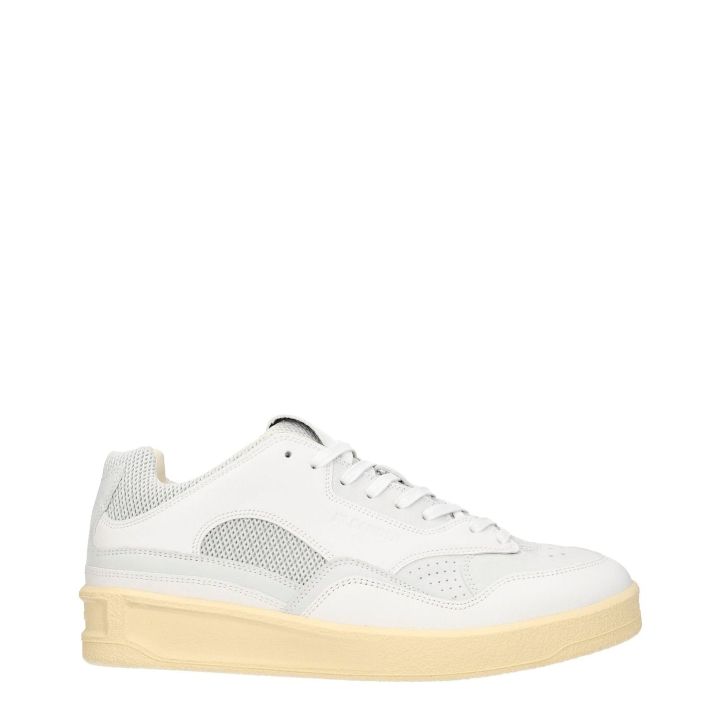 Jil Sander White Leather Low Tops with lace-up closure, round toe, mid heels, and back logo detail, sporty glam style.