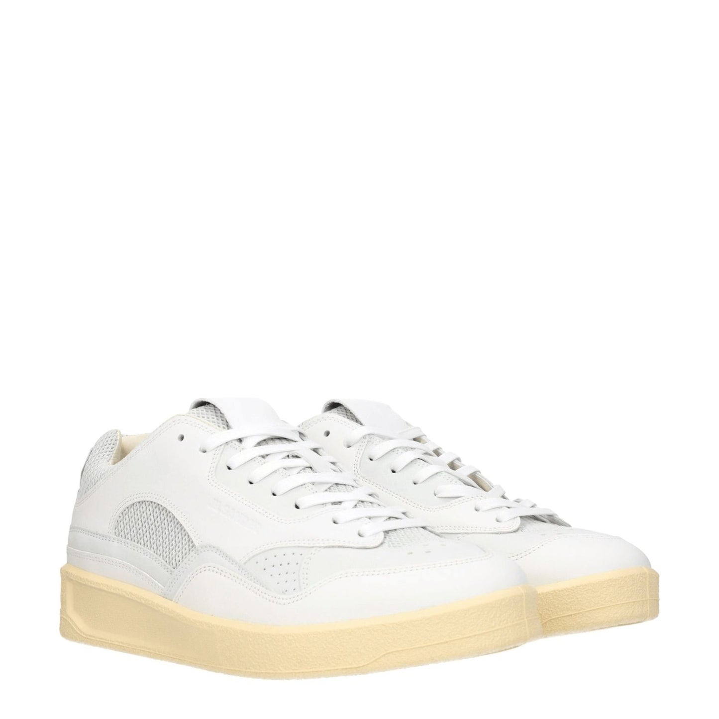 Jil Sander White Leather Low Tops with round toe and lace-up closure, featuring a mid heel with light grey accents, sporty glam design.