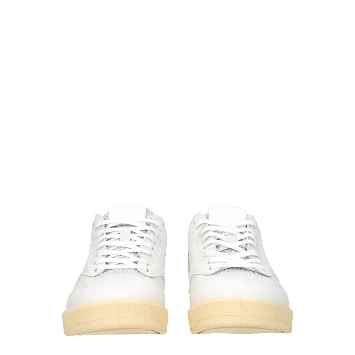 Jil Sander White Leather Low Tops sneakers with lace-up closure, featuring a back logo and mid heels, sporty glam style.