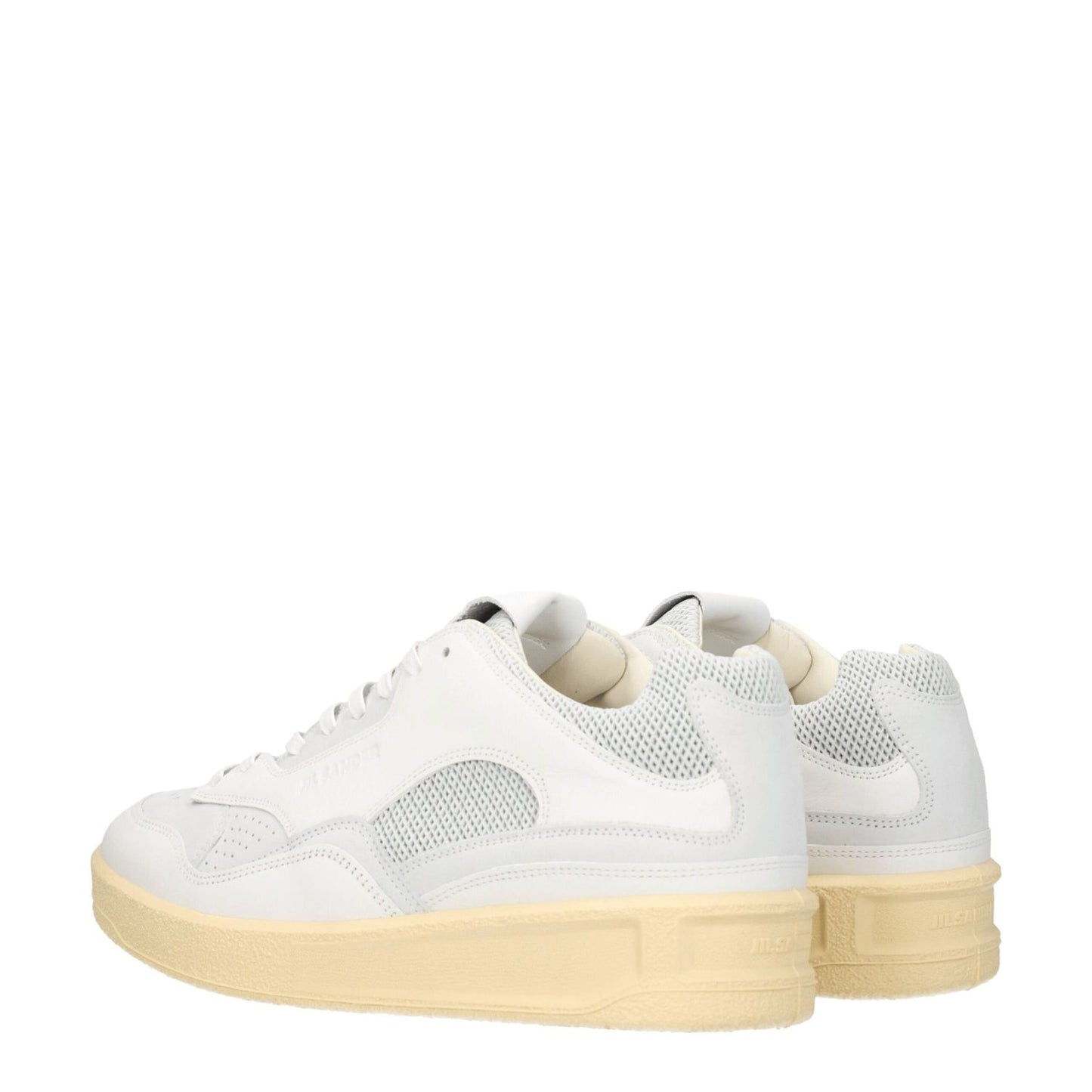 Jil Sander White Leather Low Tops with back logo, lace-up closure, and round toe, featuring a sporty glam style.