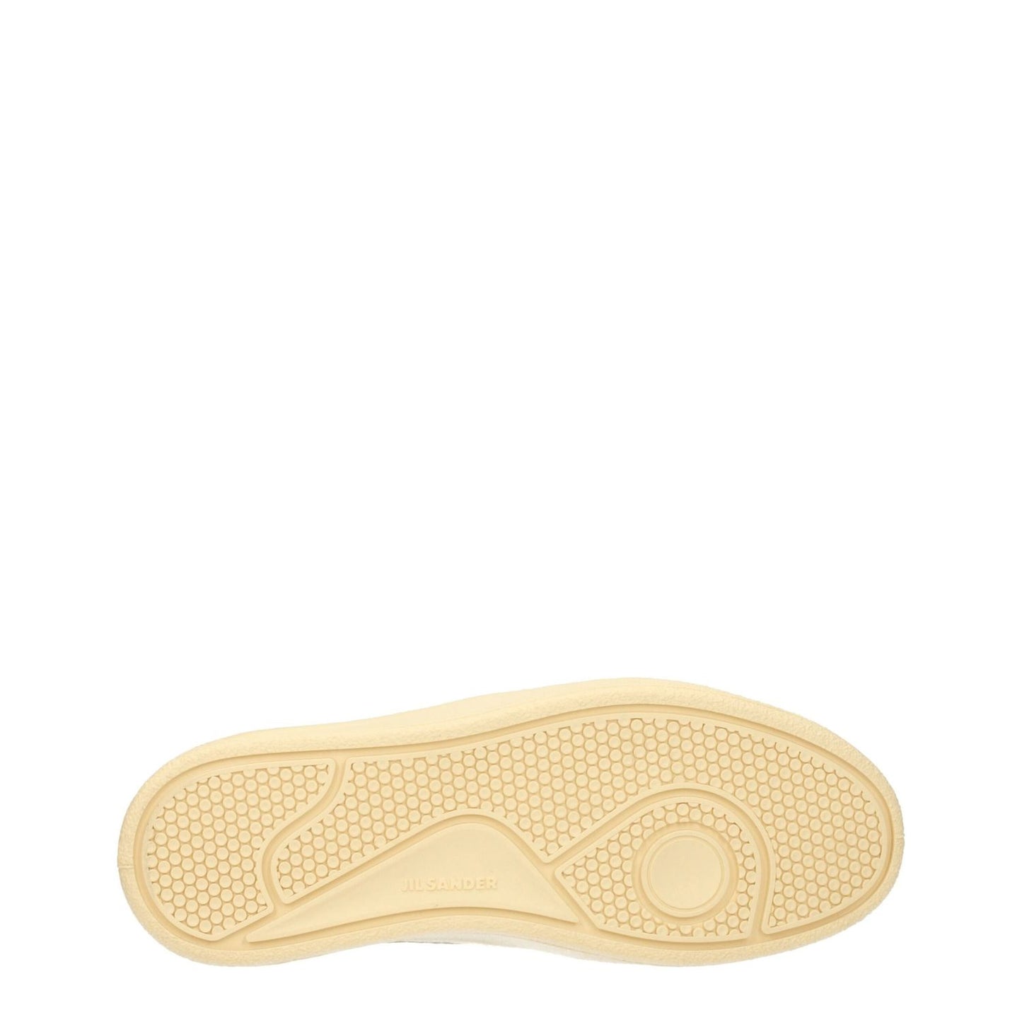 Sole view of Jil Sander White Leather Low Tops with textured bottom and light grey accents, showcasing sporty glam style.