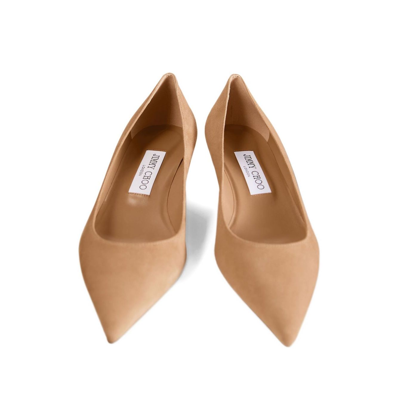 Jimmy Choo Amelia suede pumps in toffee color with pointed toe, low-cut vamp, and kitten heel.