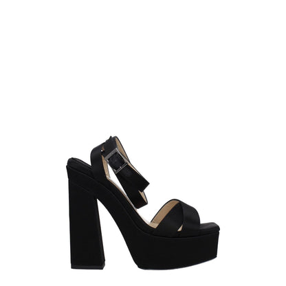 Jimmy Choo Black Satin Platform Sandals with high heel and buckle closure, featuring open toe design and leather sole.