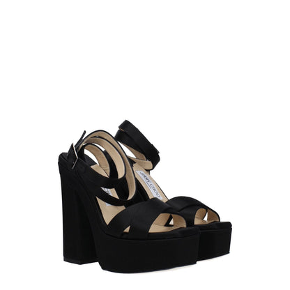Jimmy Choo Black Satin Platform Sandals with buckle closure and high heels, open toe design, leather sole, 14 cm heel height.