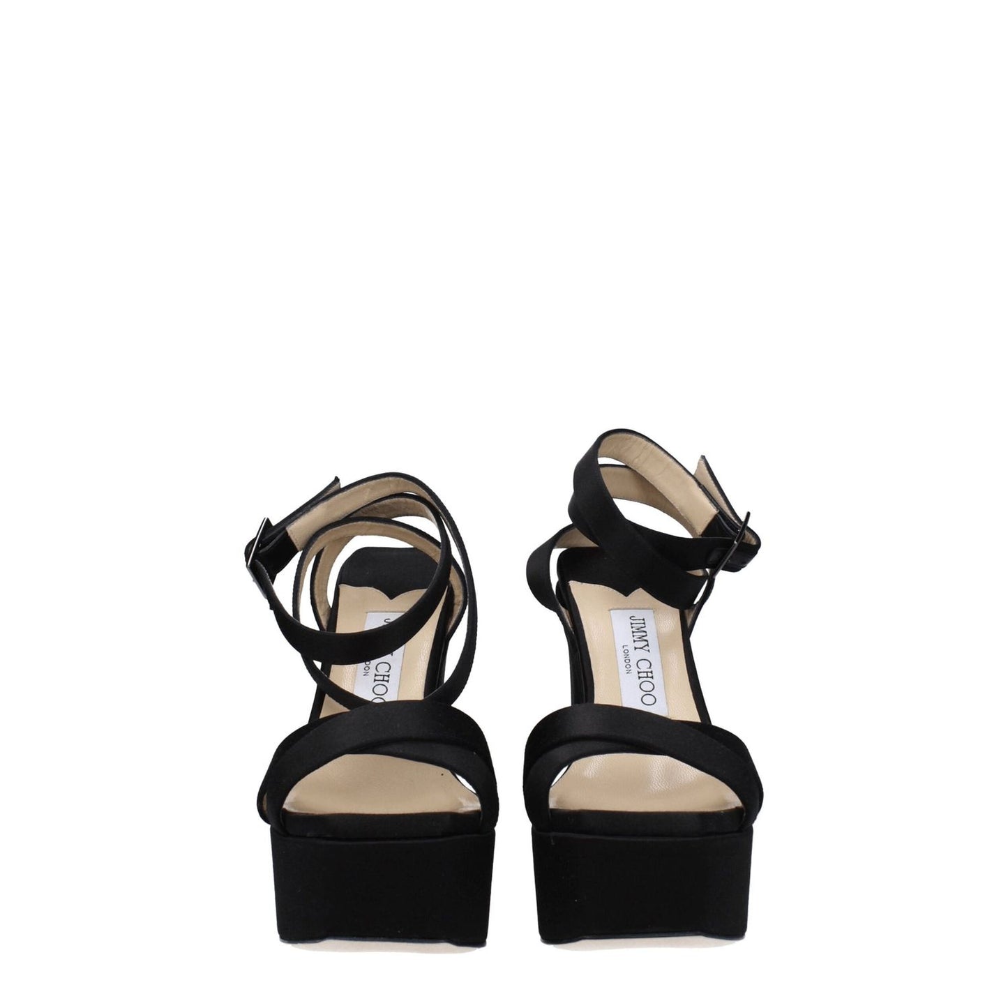 Jimmy Choo Black Satin Platform Sandals with buckle closure, open toe, and high heel. Casual style with leather sole. MPN GAIA140SATBLACK.