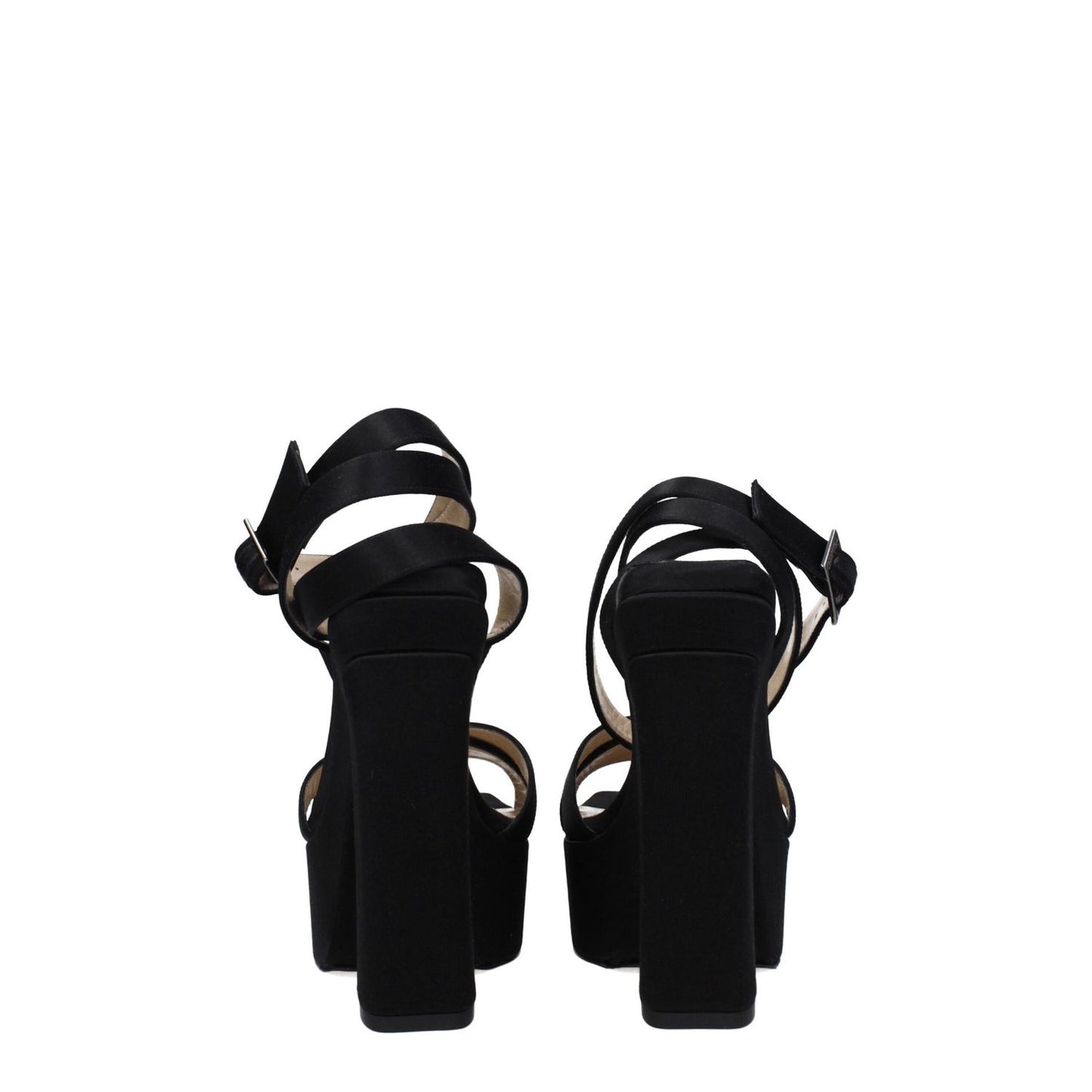 Rear view of Jimmy Choo Black Satin Platform Sandals with buckle closure and high heel, showcasing open toe design and leather sole.