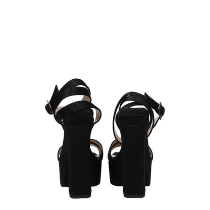 Rear view of Jimmy Choo Black Satin Platform Sandals with buckle closure and high heel, showcasing open toe design and leather sole.