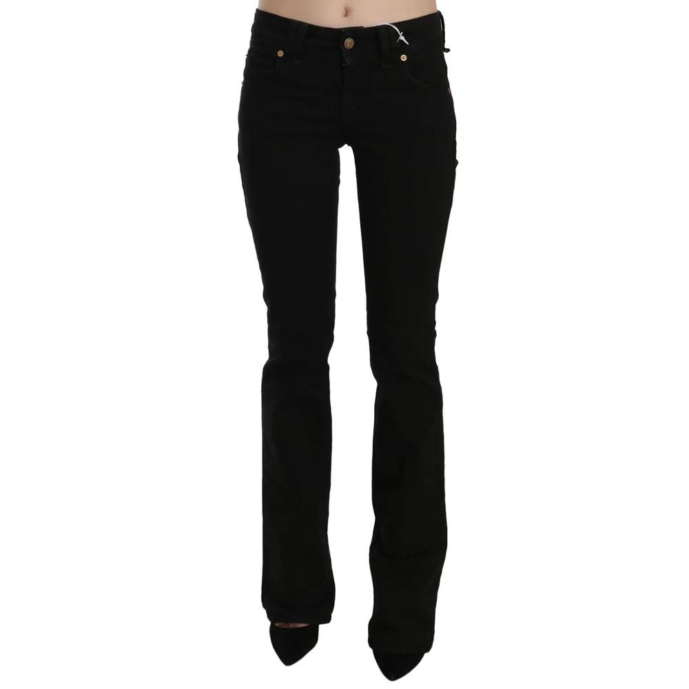 John Galliano Black Low Waist Slim Leg Skinny Denim Casual Pants Jeans with zipper closure and logo details.