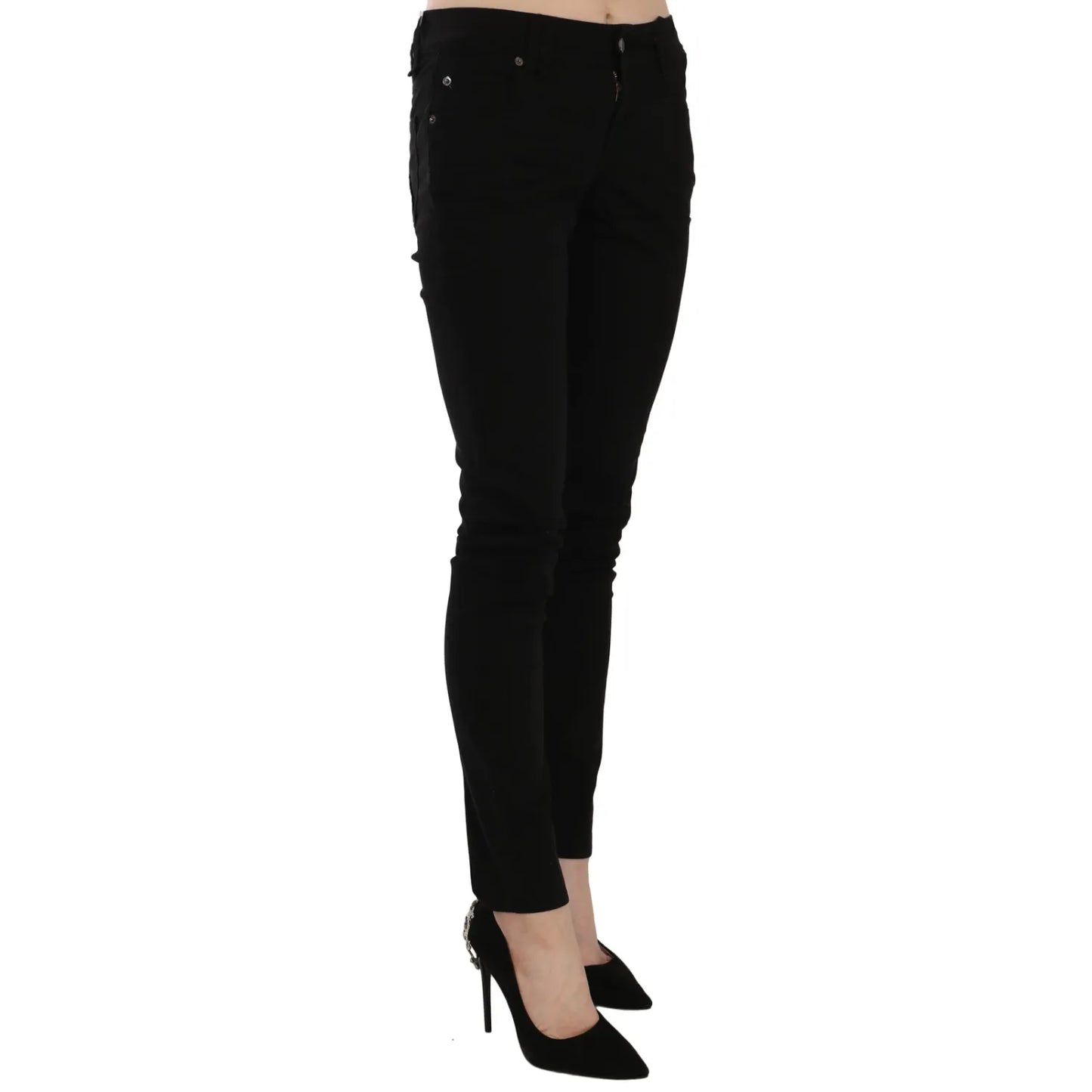 John Galliano Black Mid Waist Slim Fit Skinny Denim Casual Pants Jeans with zipper closure, shown in side profile, high heel shoes