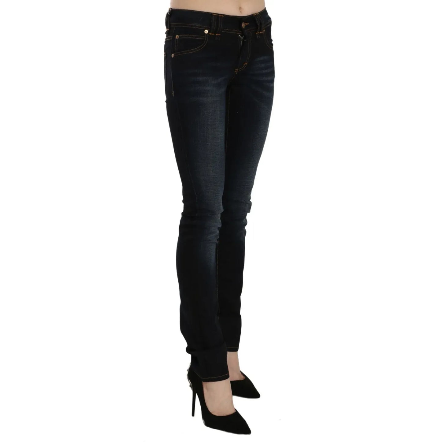 John Galliano Dark Blue Mid Waist Slim Fit Denim Casual Pants Jeans, black washed with zipper closure and logo details.