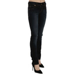 John Galliano Dark Blue Mid Waist Slim Fit Denim Casual Pants Jeans, black washed with zipper closure and logo details.