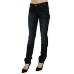 John Galliano Dark Blue Mid Waist Slim Fit Denim Casual Pants Jeans with black washed finish and logo details.