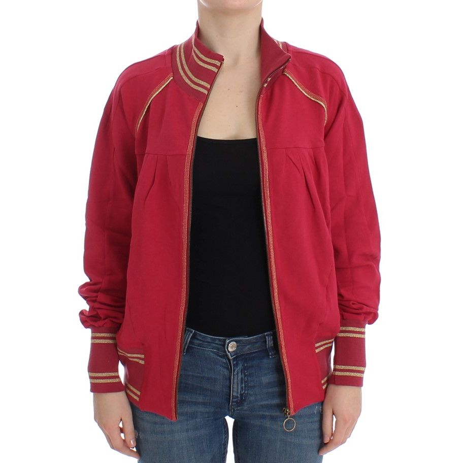 Woman wearing John Galliano Pink Mock Zip Cardigan Sweatshirt Sweater with zipper front and logo details.
