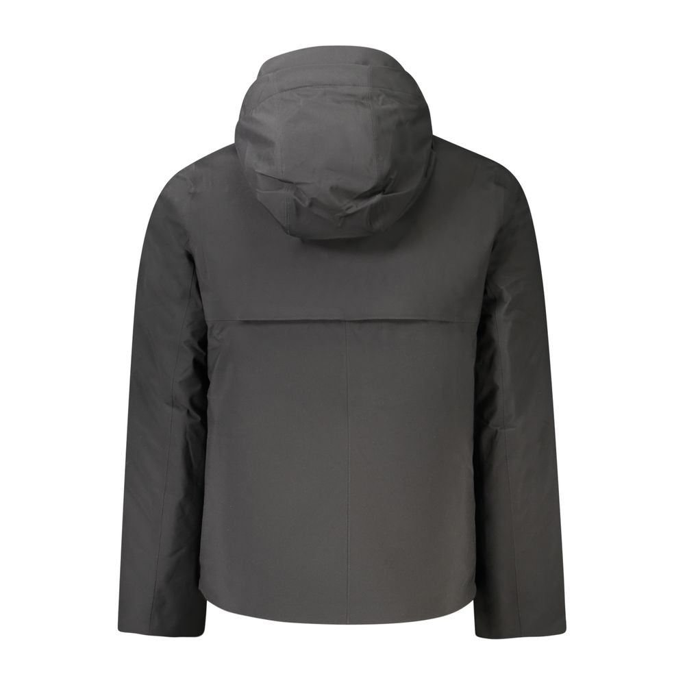 K-WAY Black Polyester Men Jacket with hood, featuring long sleeves and double padding for warmth and style.