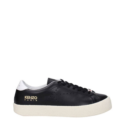 Kenzo Black Leather Low Top Sneakers with lace-up closure and rubber sole, featuring logo details on side, front, and back.