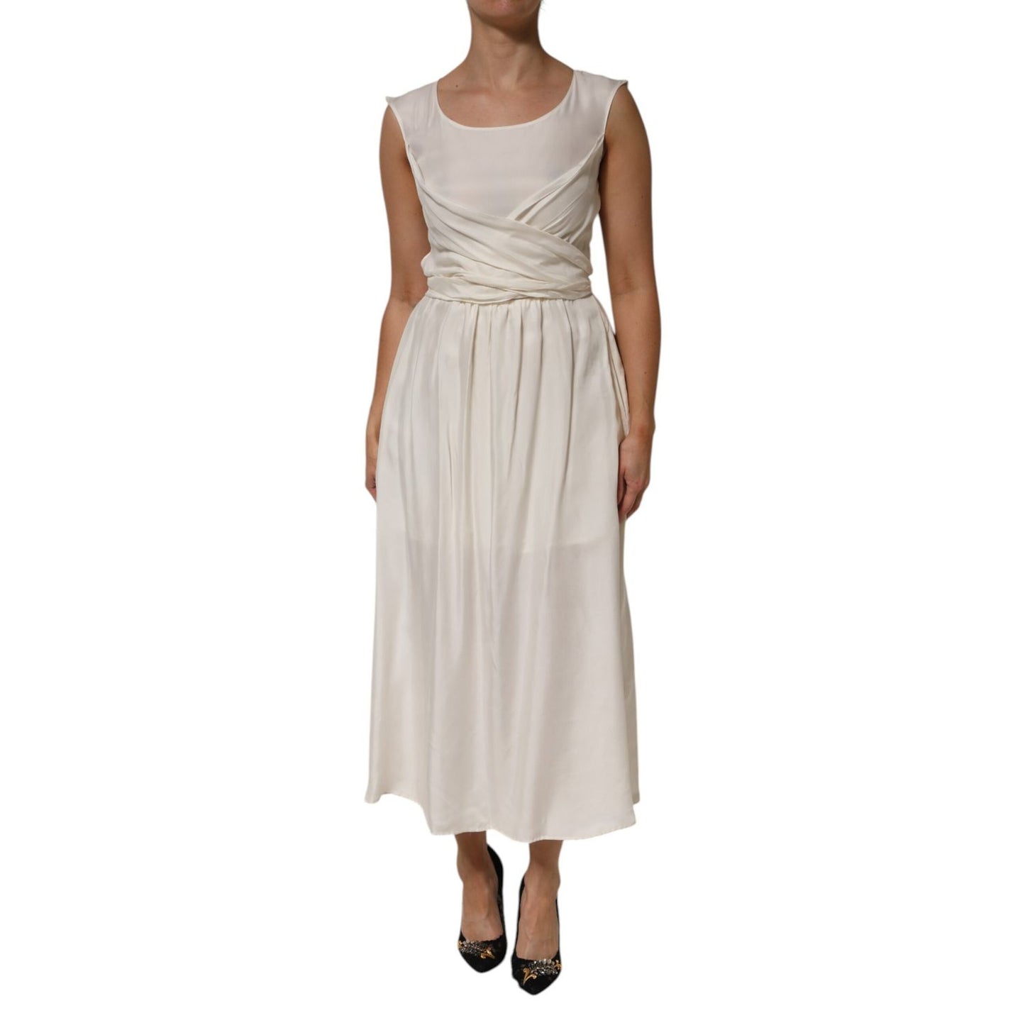 L'Autre Chose Ivory White Sleeveless Maxi Cupro Viscose Dress with soft draped waist and flowing silhouette.