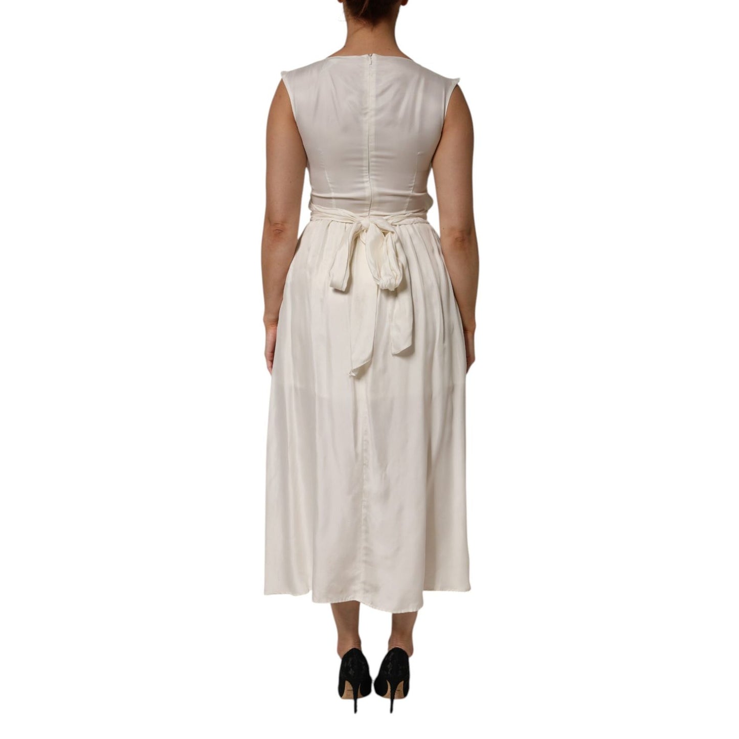 Back view of model wearing L'Autre Chose Ivory White Sleeveless Maxi Cupro Viscose Dress with a draped waist and flowing silhouette.