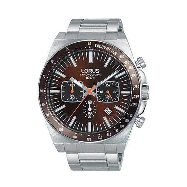 LORUS WATCHES Mod. RT349GX9, Gent's chronograph wristwatch with stainless steel case and strap, quartz movement, 10 ATM water resistance.