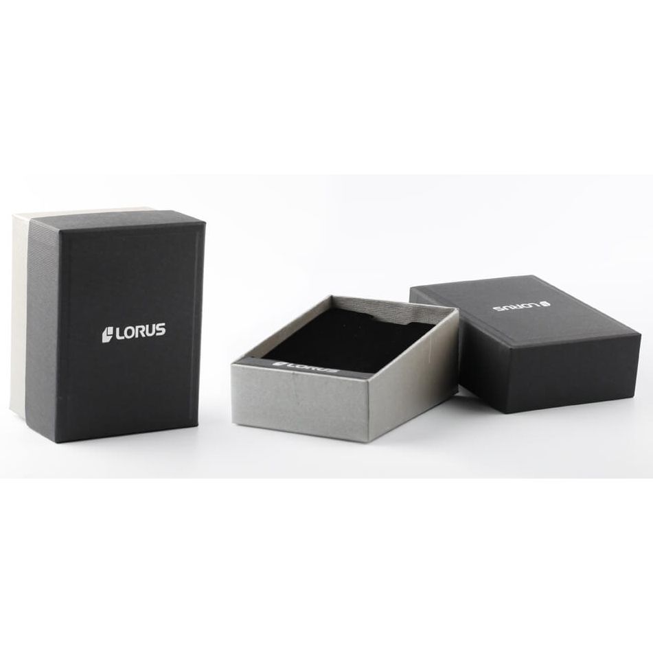 Official packaging box for LORUS WATCHES Mod. RT349GX9, featuring sleek black and grey design, enhancing the watch's presentation.