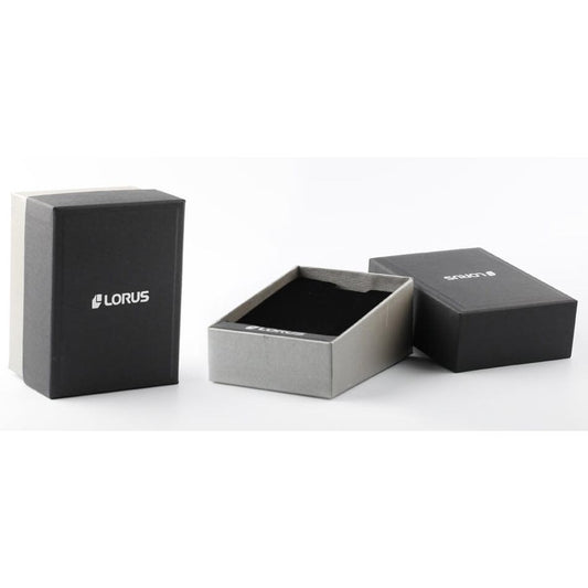 Official packaging box for LORUS WATCHES Mod. RT349GX9 wristwatch, showcasing brand logo. Luxurious display for stainless steel chronograph watch.