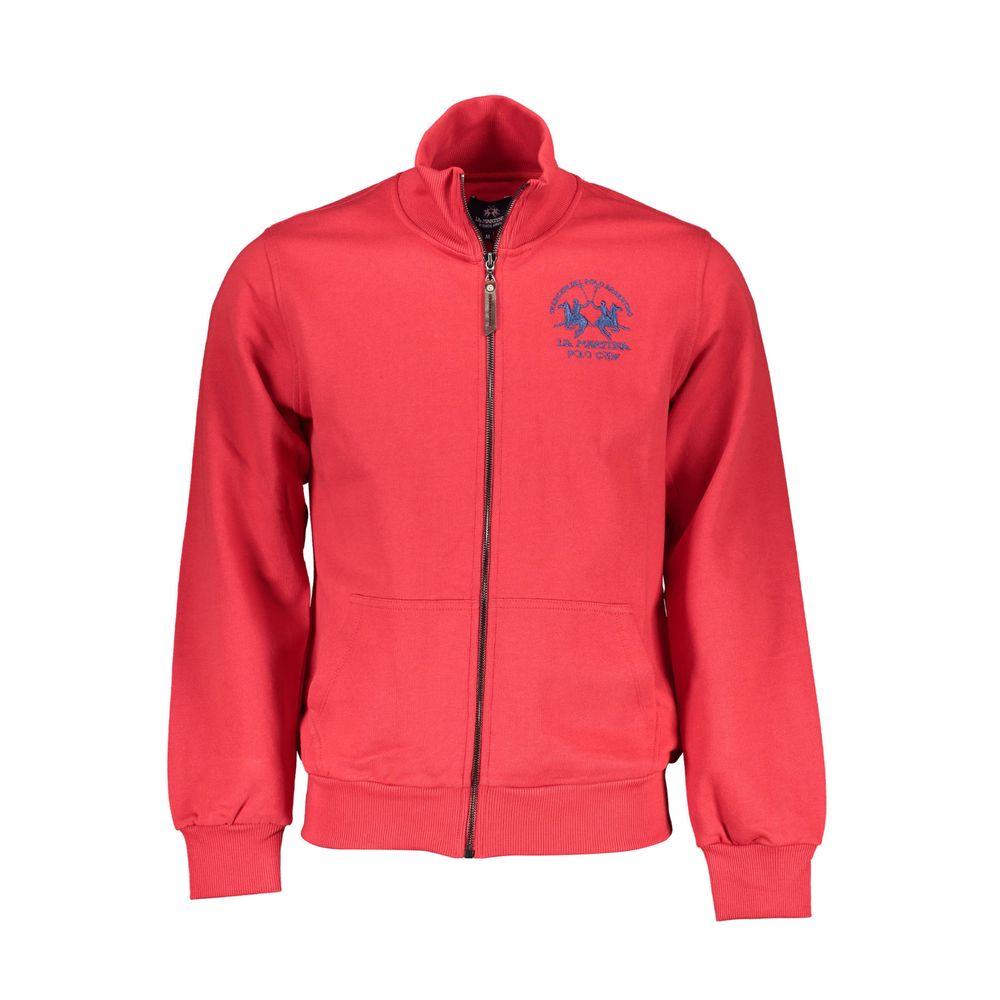 La Martina Red Cotton Men Sweater with iconic embroidery and zip-up design, ideal for fashionable casual or sporty-chic looks.