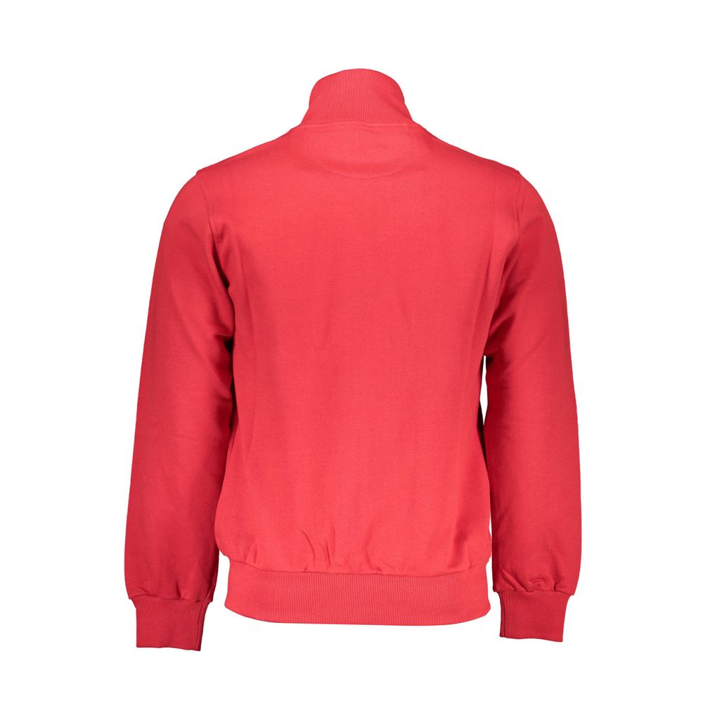 Back view of La Martina Red Cotton Men Sweater with classic zip-up design and iconic embroidery, ideal for an elegant casual look.