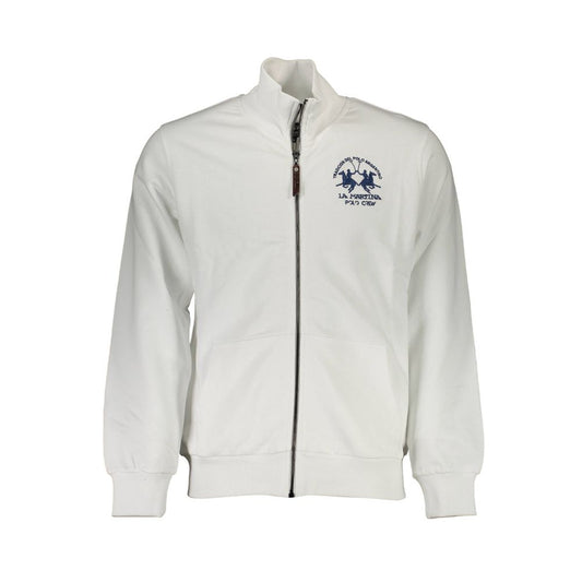 La Martina White Cotton Men Sweater with embroidery detail, full-zip front, and dual pockets, ideal for chic casual wear.
