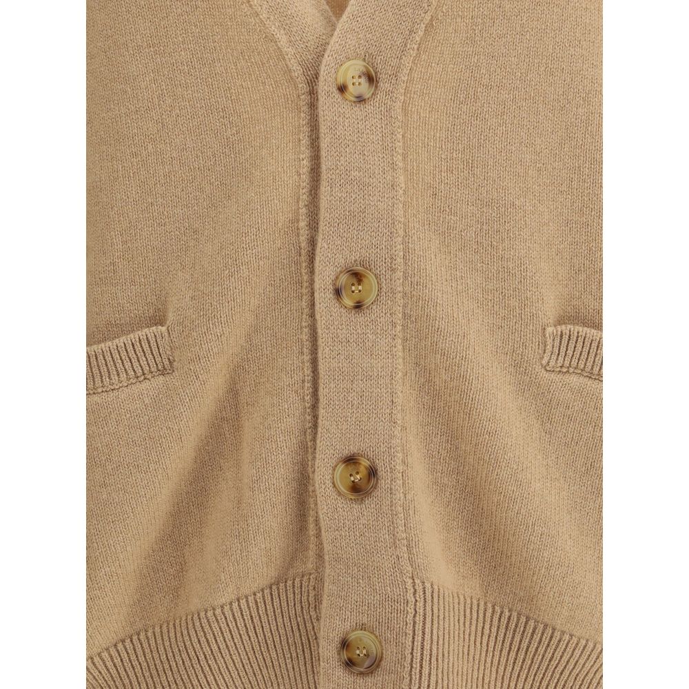 Laneus Beige Merino Wool Cardigan with button closure and ribbed trim detailing, showcasing an elegant and relaxed style.