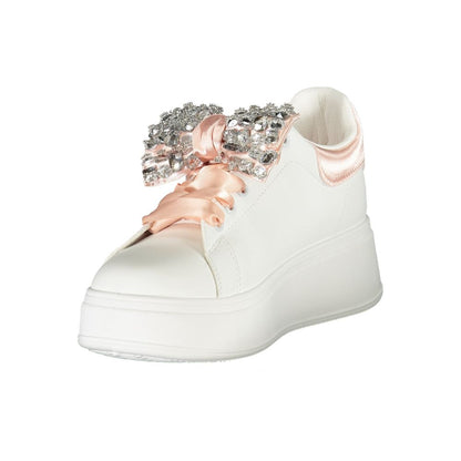 Laura Biagiotti White Synthetic Women Sneaker with rhinestone embellishments and 4cm wedge heel for stylish comfort.