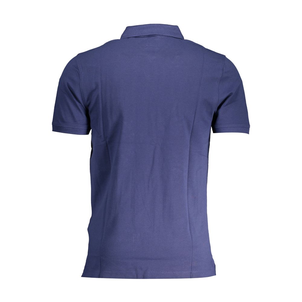 Back view of Levi's Blue Cotton Men Polo Shirt, featuring short sleeves and sleek design for casual wear.