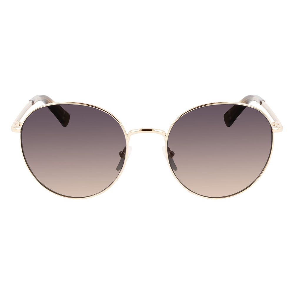Longchamp Gold Metal Sunglasses with yellow gradient lenses, round shape, and gold frame, model LO101S5619726, 56/19/135mm dimensions.