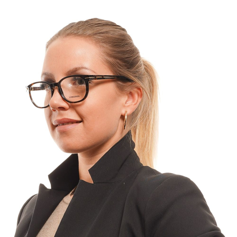 Woman wearing Longines Brown Unisex Glasses Frame with round plastic full-rim design and demo lenses.