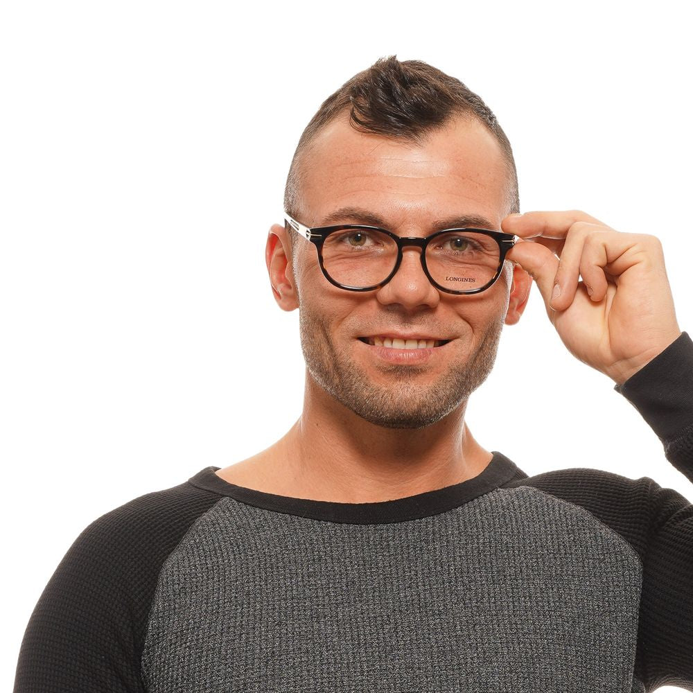 Model wearing Longines Brown Unisex Glasses Frame, round shape, full-rim, plastic material, showcasing stylish eyewear fashion.