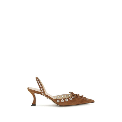 MACH & MACH Brown Calf Leather Bos Taurus Lace-Up slingback pumps with almond toe and perforated studs, suede finish, AW25 collection.