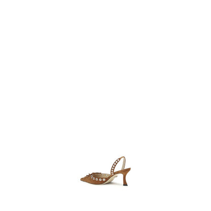 MACH & MACH Brown Calf Leather Bos Taurus Lace-Up Slingback Pumps with almond toe and perforated studs, AW25 collection.