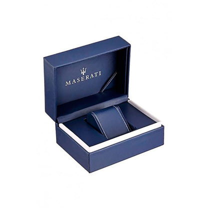 Official packaging for MASERATI MOD. R8853100020 wristwatch in blue box with logo.