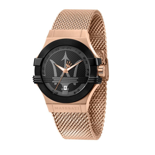 Maserati POTENZA wristwatch with 40mm rose gold PVD SS case, quartz movement, mesh strap, mineral dial, and 10 ATM water resistance.