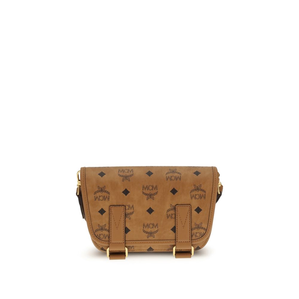 MCM Brown Fabric Shoulder Bag with logo print, showcasing elegant, rounded rectangular design and gold hardware accents.