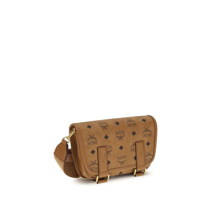MCM Brown Fabric Shoulder Bag with logo pattern and elegant rectangular silhouette, crafted for sophistication and craftsmanship.
